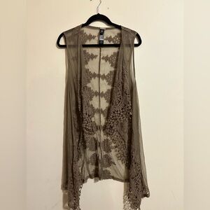 Chico's Black Label‎ women's Sheer Vest Tan Taupe embroidery size 3 Large